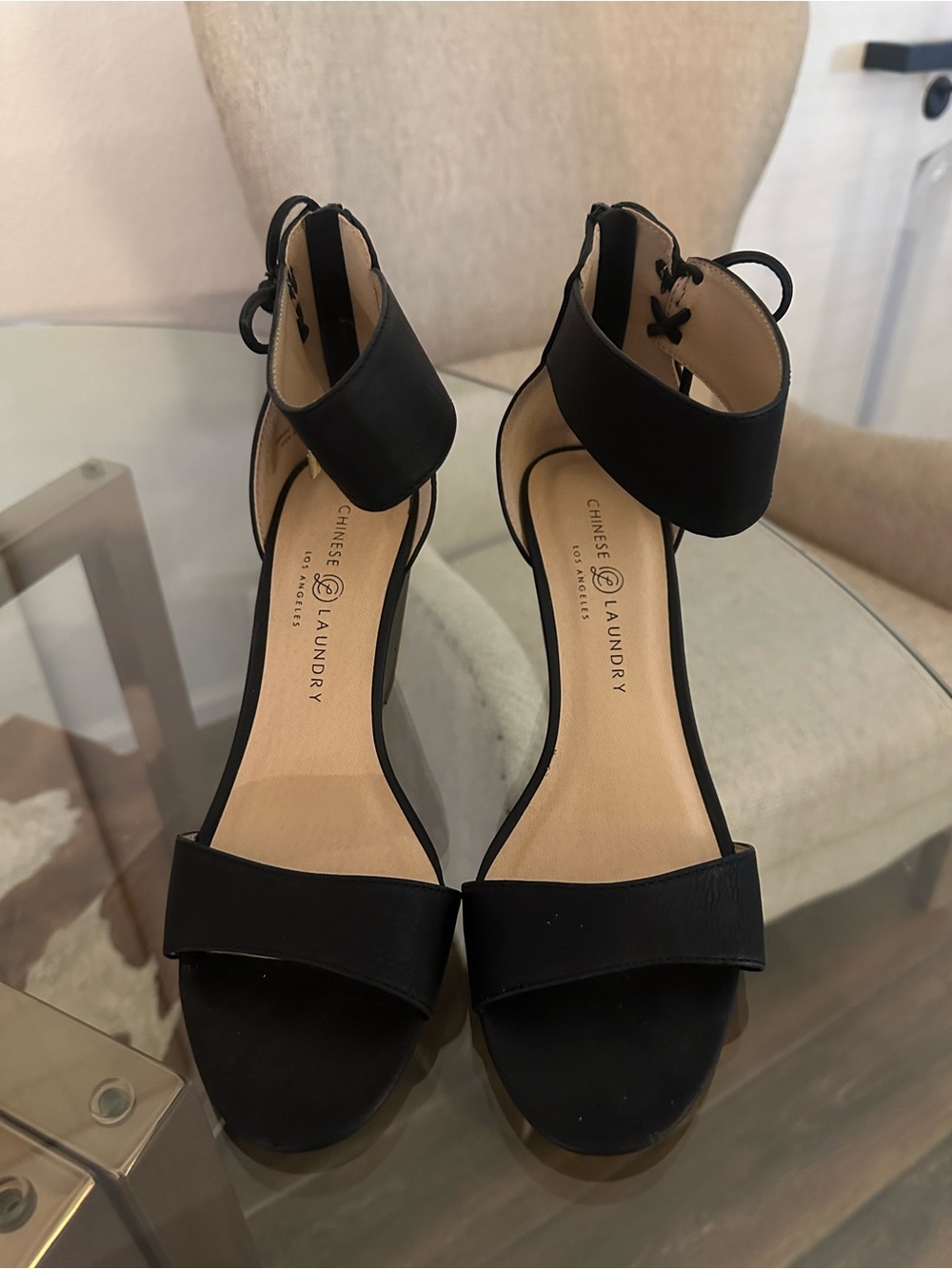 Chinese Laundry Black Open-Toe Ankle-Strap Block Heels